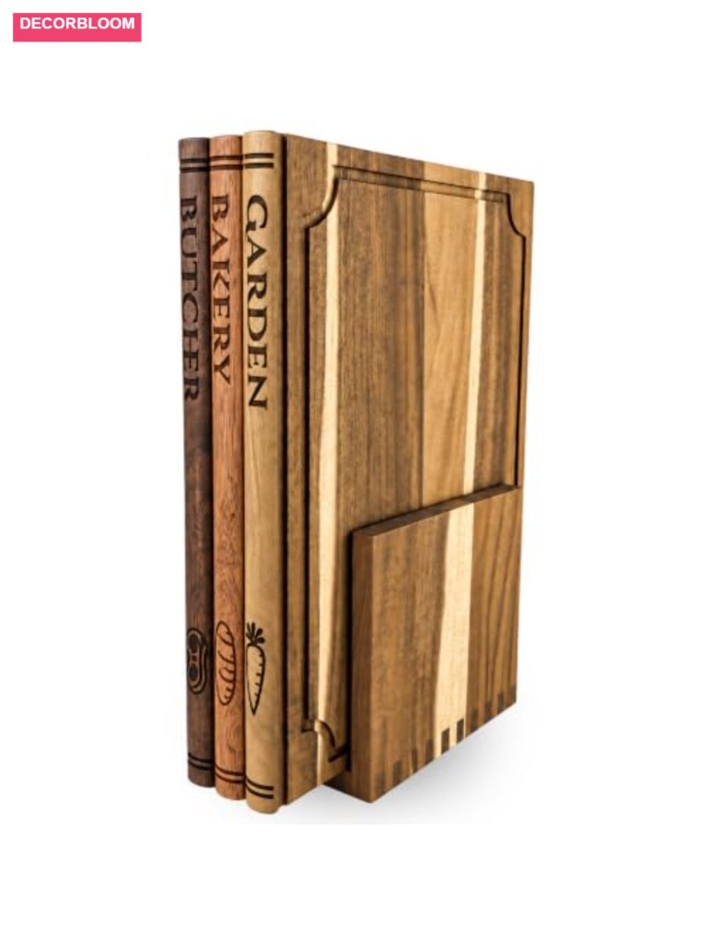 Solid Acacia Book Cutting Board Set with Stand, 3 Reversible Wood Chopping &